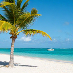 Caribbean Holidays, Bahamas in March, A bright turquoise beach in The Bahamas in March, with swaying palms, soft white sand and a small boat offshore