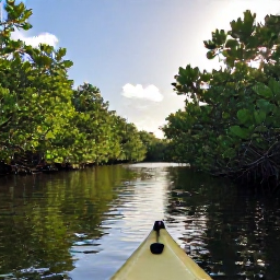 Caribbean Holidays, Bahamas in March, A peaceful kayak passing through mangrove channels in The Bahamas, with calm water, green foliage and warm morning light