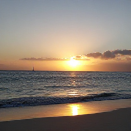 Caribbean Holidays, Bahamas in March, A relaxed sunset over a quiet Bahamian beach, with gentle waves, warm golden light and a small sailing boat on the horizon