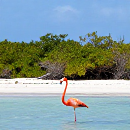 Caribbean Holidays, Bahamas in March, A wild flamingo standing in shallow water on a quiet Bahamian island, with mangroves and blue sky behind it