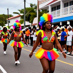 Caribbean Holidays, Bahamas in March, Colourful Junkanoo parade with dancers in bright costumes, musicians and cheering crowds on a Nassau street