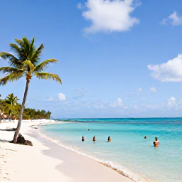 Caribbean Holidays, Bahamas in March, Relaxed March afternoon on a Bahamian beach with clear turquoise water, palm trees and visitors enjoying swimming and snorkelling