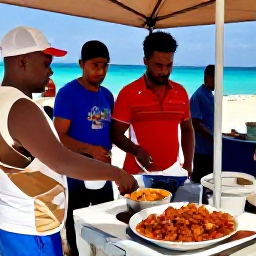Caribbean Holidays, Bahamas in March, Traditional Bahamian food being prepared at a friendly outdoor market beside the turquoise sea