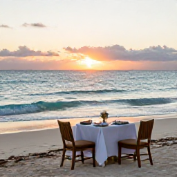Caribbean Holidays, Bahamas in November, Sunset over a quiet Bahamian beach with elegant dining setting and gentle waves