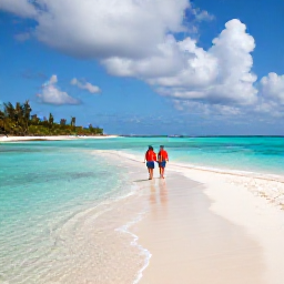 Caribbean Holidays, Bahamas in October, Couple walking along a quiet Bahamian beach in October, clear shallow water, soft clouds and tropical shoreline