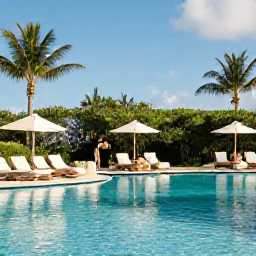 Caribbean Holidays, Bahamas in October, Elegant adults-only resort pool in The Bahamas with loungers, palm trees and a couple enjoying a quiet afternoon