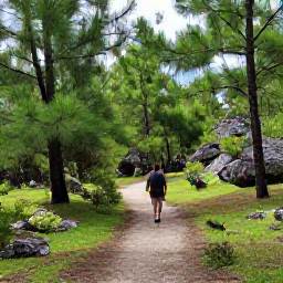 Caribbean Holidays, Bahamas in October, Green Bahamian national park landscape in October with pine trees, limestone trails and a visitor exploring on foot