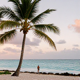 Caribbean Holidays, Bahamas in October, Peaceful Bahamian beach at sunset in October with soft light, low palms and a traveller watching the sea