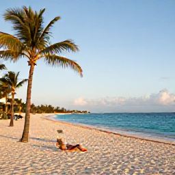 Caribbean Holidays, Bahamas in October, Quiet adults-only beach resort in the Bahamas at golden hour, turquoise sea, white sand and palm trees