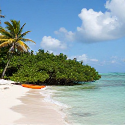 Caribbean Holidays, Bahamas in October, Quiet turquoise shoreline in The Bahamas during October, with mangroves, palm trees and a small kayak near the beach