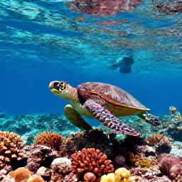 Caribbean Holidays, Bahamas in October, Sea turtle swimming above a colourful coral reef in clear Bahamian water, viewed by a snorkeller in October