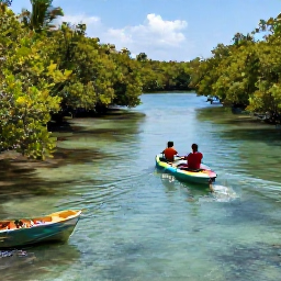 Caribbean Holidays, Bahamas in October, Small boat moving through calm mangrove channels in The Bahamas, with sunlight, clear water and a couple exploring by kayak