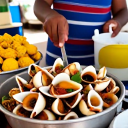 Caribbean Holidays, Bahamas in October, Traditional Bahamian food being prepared at a casual outdoor market, including conch, peas and rice and tropical fruit