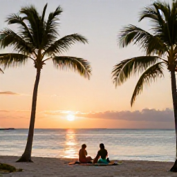 Caribbean Holidays, Bahamas in September, Bahamian beach resort at sunset in September, palm trees, calm sea and a couple enjoying a peaceful holiday