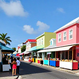 Caribbean Holidays, Bahamas in September, Colourful Nassau street with pastel buildings, local market stalls and visitors exploring the Bahamas in September