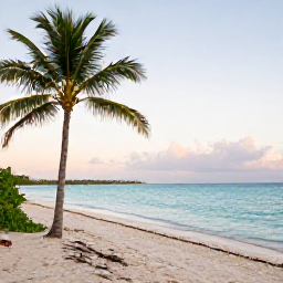 Caribbean Holidays, Bahamas in September, Quiet white-sand beach in the Bahamas in September, turquoise water, palm trees and soft morning light