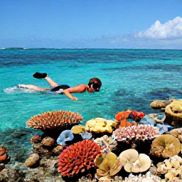 Caribbean Holidays, Bahamas in September, Traveller swimming and snorkelling over a colourful coral reef in clear Bahamian water beneath a sunny September sky