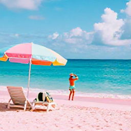 Caribbean Holidays, Bahamas Instagram Hotspots, A bright February morning at the famous pink sand beach on Harbour Island, The Bahamas, with turquoise water, pastel umbrellas and a traveller taking photographs
