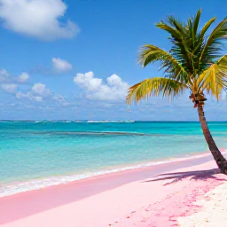 Caribbean Holidays, Bahamas Instagram Hotspots, A bright June morning at the famous pink sand beach on Harbour Island, Bahamas, with clear turquoise water and a lone palm