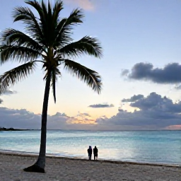 Caribbean Holidays, Bahamas Instagram Hotspots, A peaceful February sunset over a Bahamian beach, with palm silhouettes, calm turquoise water and a couple watching the sky