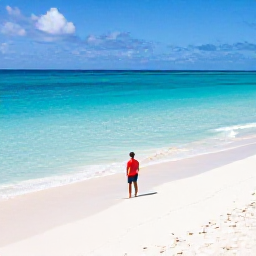 Caribbean Holidays, Bahamas Instagram Hotspots, A person standing on a pristine white-sand beach beside crystal-clear turquoise water on a Bahamian island