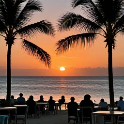 Caribbean Holidays, Bahamas Instagram Hotspots, A relaxed sunset scene at a beachfront restaurant in Nassau, Bahamas, with palm silhouettes, calm sea and warm orange sky