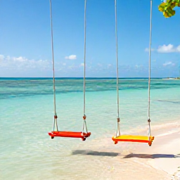Caribbean Holidays, Bahamas Instagram Hotspots, Colourful beach swings over shallow turquoise water on a tropical Bahamian island in warm April sunshine