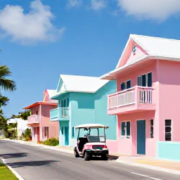 Caribbean Holidays, Bahamas Instagram Hotspots, Colourful pastel buildings and golf carts on a sunny lane in Dunmore Town, Harbour Island, The Bahamas