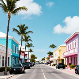 Caribbean Holidays, Bahamas Instagram Hotspots, Colourful pastel buildings, palm trees and lively waterfront street scene in Nassau, The Bahamas