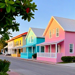 Caribbean Holidays, Bahamas Instagram Hotspots, Colourful pastel houses and leafy lanes in Dunmore Town on Harbour Island, Bahamas, photographed in warm afternoon light