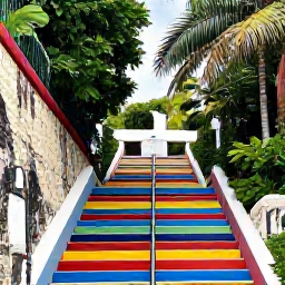 Caribbean Holidays, Bahamas Instagram Hotspots, Colourful Queen's Staircase in Nassau surrounded by lush tropical greenery and historic stone walls