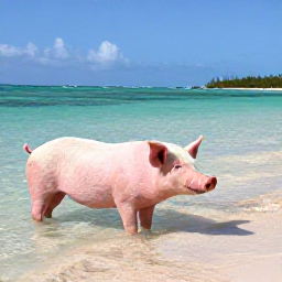 Caribbean Holidays, Bahamas Instagram Hotspots, Friendly swimming pigs standing in shallow clear turquoise water on a sandy beach in the Exumas, Bahamas
