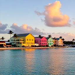 Caribbean Holidays, Bahamas Instagram Hotspots, Golden-hour view across Nassau harbour, pastel buildings, turquoise water and palm trees in The Bahamas