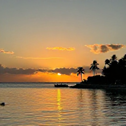 Caribbean Holidays, Bahamas Instagram Hotspots, Golden sunset over calm Bahamian water with a small boat, palm silhouettes and warm reflections