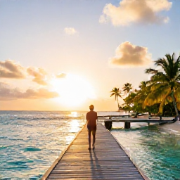 Caribbean Holidays, Bahamas Instagram Hotspots, Person standing on a wooden pier above crystal-clear Bahamian water at sunset, with palm trees and a glowing sky