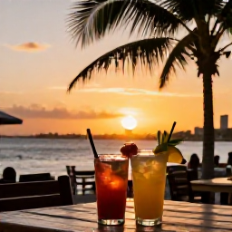 Caribbean Holidays, Bahamas Instagram Hotspots, Relaxed sunset scene at a Nassau waterfront restaurant, glowing sky, palm silhouettes and colourful Caribbean drinks