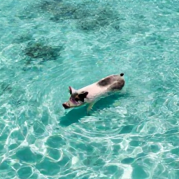 Caribbean Holidays, Bahamas Instagram Spots, Aerial-style view of the famous swimming pigs in clear shallow turquoise water at Big Major Cay in The Bahamas