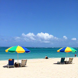 Caribbean Holidays, Bahamas Instagram Spots, Bright turquoise sea, white sand beach and colourful beach umbrellas on a sunny Bahamian island in February