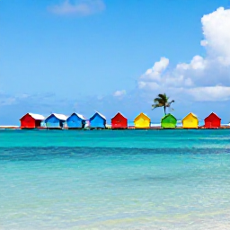 Caribbean Holidays, Bahamas Instagram Spots, Colourful beach huts, clear shallow water and a lone palm on a sunny Bahamian island in March