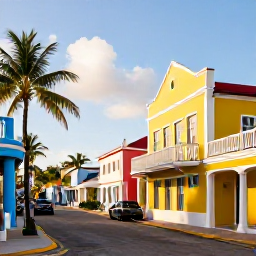 Caribbean Holidays, Bahamas Instagram Spots, Colourful colonial buildings and quiet palm-lined streets in Nassau, Bahamas, with bright afternoon sunlight