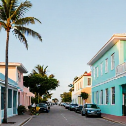 Caribbean Holidays, Bahamas Instagram Spots, Colourful pastel buildings and historic streets in downtown Nassau, The Bahamas, photographed in warm morning light