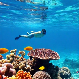 Caribbean Holidays, Bahamas Instagram Spots, Colourful underwater reef scene near The Bahamas with tropical fish, coral and a snorkeller in clear September water