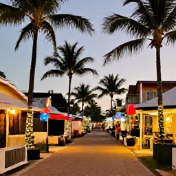 Caribbean Holidays, Bahamas Instagram Spots, Festive outdoor scene in Nassau, Bahamas, with palm trees, local decorations and warm evening light during December celebrations