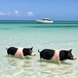Caribbean Holidays, Bahamas Instagram Spots, Friendly swimming pigs in clear shallow turquoise water at Big Major Cay in the Exumas, with a small boat offshore