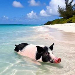 Caribbean Holidays, Bahamas Instagram Spots, Friendly swimming pigs in clear shallow water beside a white sand beach on Big Major Cay, The Bahamas