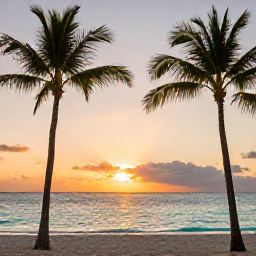 Caribbean Holidays, Bahamas Instagram Spots, Golden-hour view of a Bahamian beach with palm trees, calm turquoise sea and a colourful sunset sky