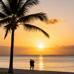 Caribbean Holidays, Bahamas Instagram Spots, Golden sunset over a Bahamian beach with calm sea, palm silhouettes and a couple taking photographs