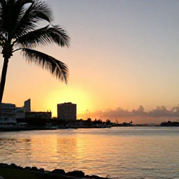 Caribbean Holidays, Bahamas Instagram Spots, Golden sunset over Paradise Island and Nassau harbour in The Bahamas, palm silhouettes and calm water in September