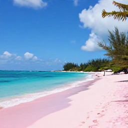 Caribbean Holidays, Bahamas Instagram Spots, Pink sand beach with turquoise sea, beachgoers and tropical vegetation on Harbour Island, Bahamas in July