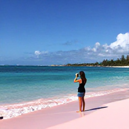 Caribbean Holidays, Bahamas Instagram Spots, Pink sands and calm turquoise sea at Cable Beach near Nassau, with a traveller photographing the shoreline in September